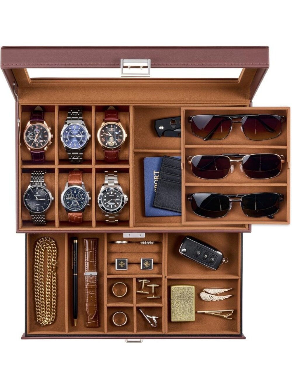 Stylish Men's Jewelry Box - 6 Slot Watch Organizer & 3 Slot Sunglass Holder